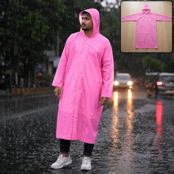 UnisexPinkRaincoat-01.jpg EVA Hooded Long Rain Coat – Monsoon Wear for Men & Women
