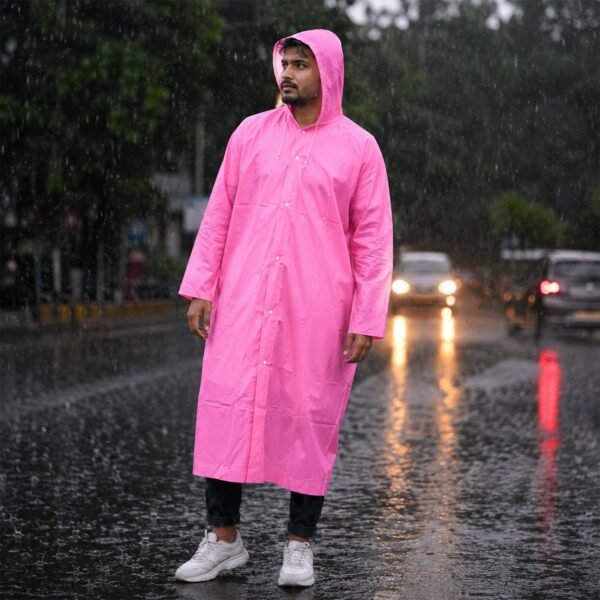 UnisexPinkRaincoat-06.jpg EVA Hooded Long Rain Coat – Monsoon Wear for Men & Women