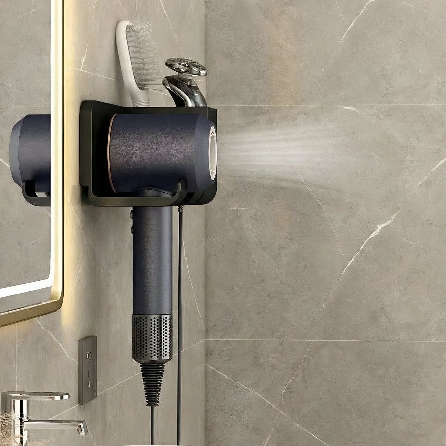 Wall-Mount-Hair-Dryer-Holder-02 Wall Mounted Hair Dryer Holder – Space-Saving Organizer Shelf & Hook