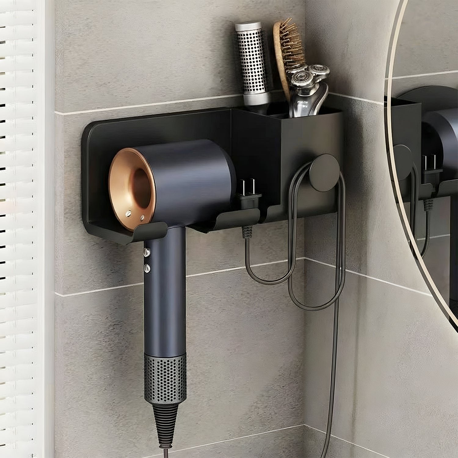 Wall-Mount-Hair-Dryer-Holder-03 Wall Mounted Hair Dryer Holder – Space-Saving Organizer Shelf & Hook