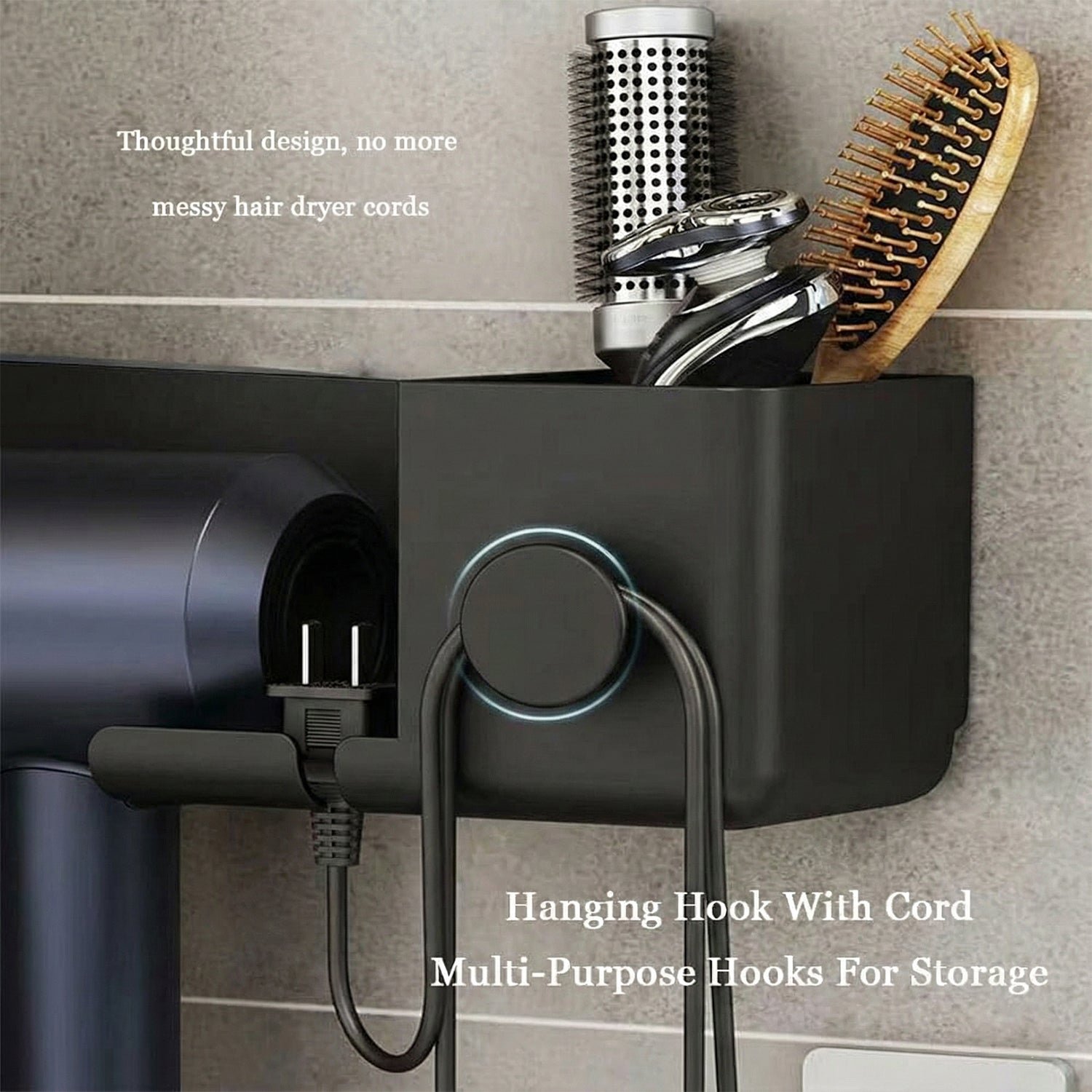 Wall-Mount-Hair-Dryer-Holder-06 Wall Mounted Hair Dryer Holder – Space-Saving Organizer Shelf & Hook