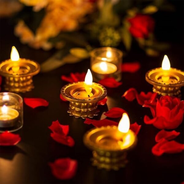 Water Sensor LED Diyas Set – Flameless Golden for Festive Decor