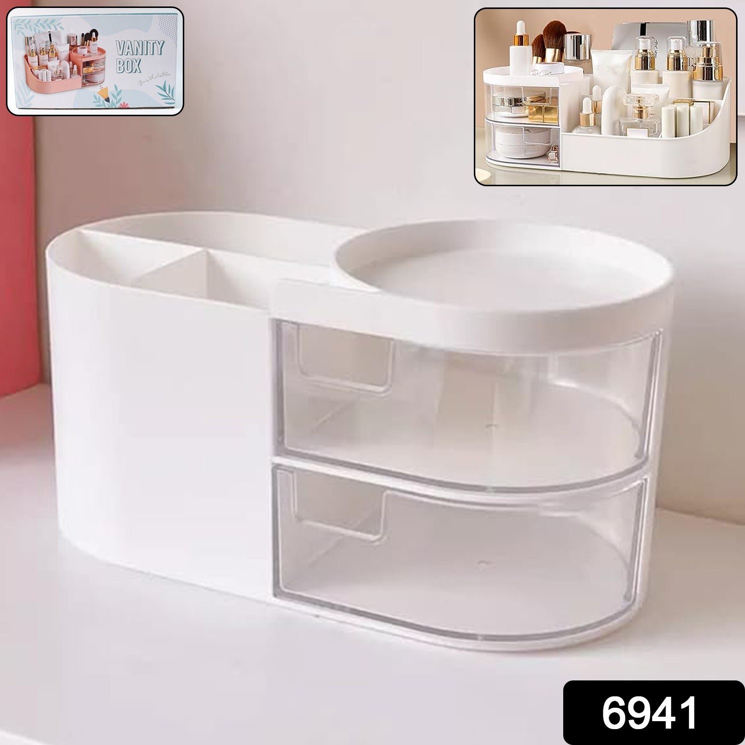 Vanity Organizer with Rotating Tray & Drawers for Easy Storage