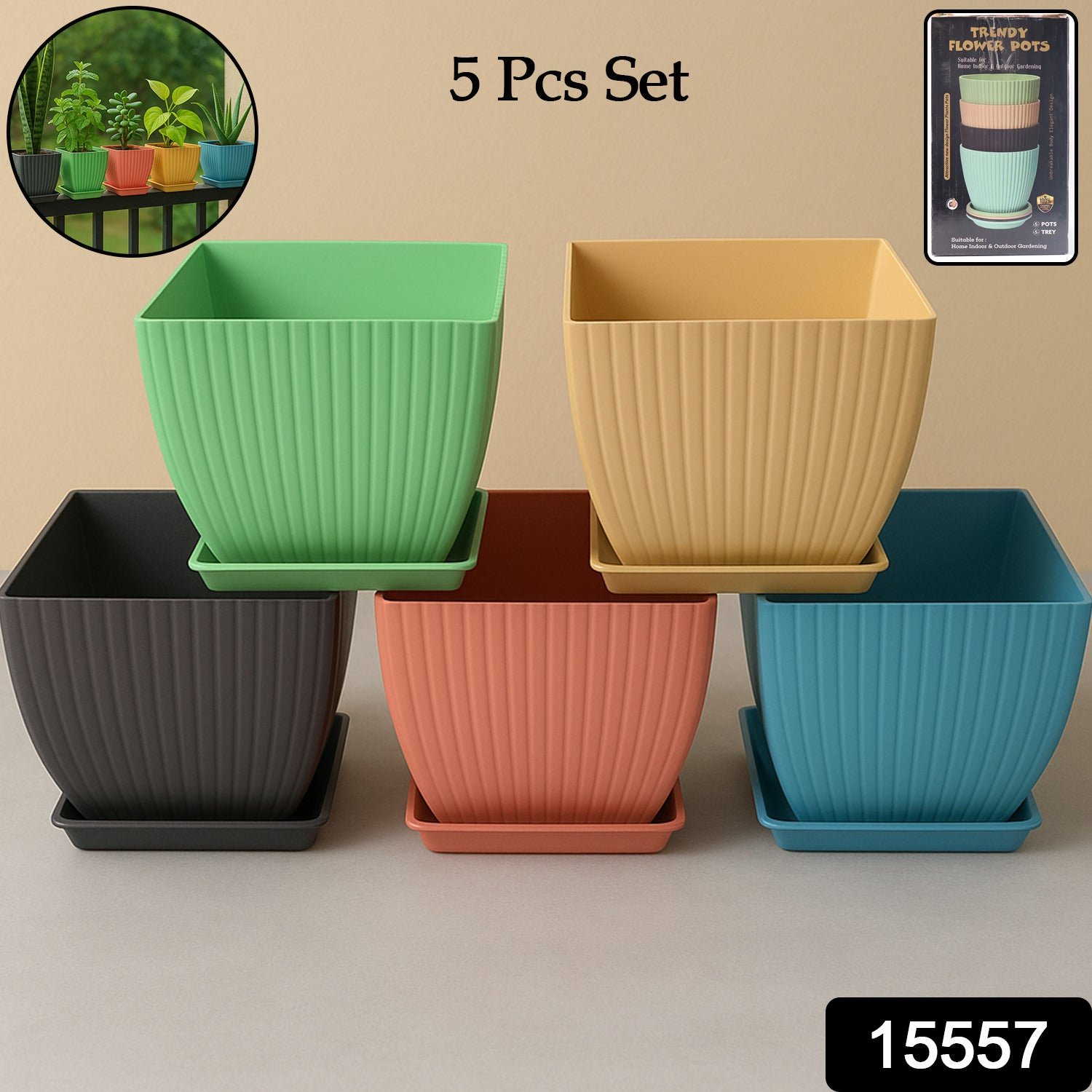Square Plastic Flower Pots Set of 5 – Durable Lightweight Planters