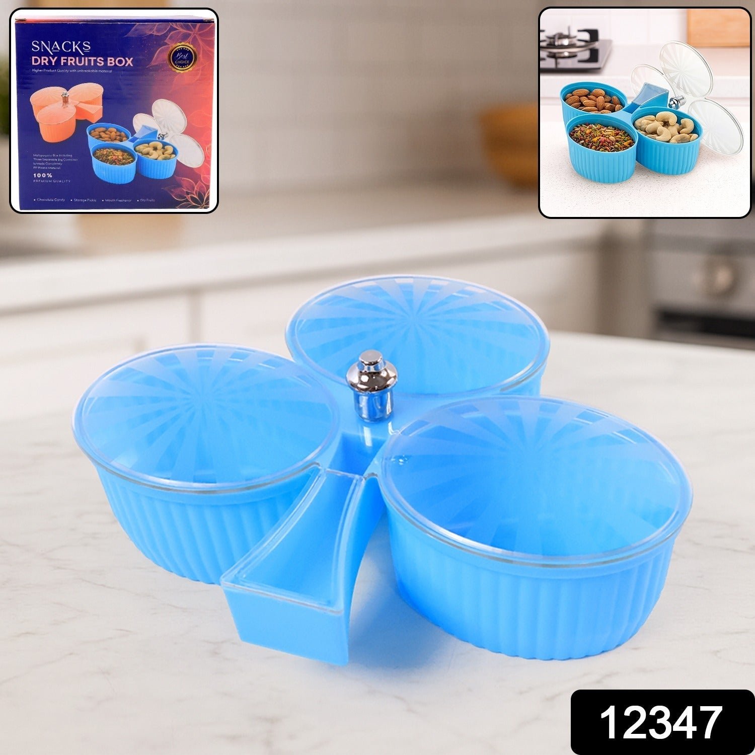 3-Compartment Revolving Dry Fruit Box – Stylish Snack Organizer