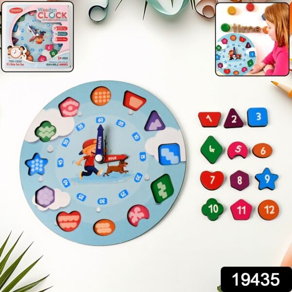 Wooden Educational Learning Clock Toy – Movable Hands & Shape Blocks