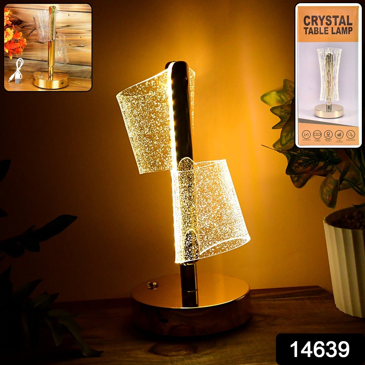 Crystal LED Double Shade Table Lamp – Elegant Golden Base Lighting