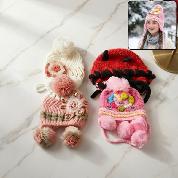 Kids Winter Woolen Ear Flap Cap – Soft & Warm with Pom Pom