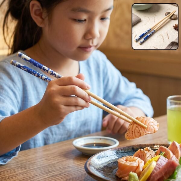 Reusable Bamboo Chopsticks with Blue Chinese Print Design (2 Pc)
