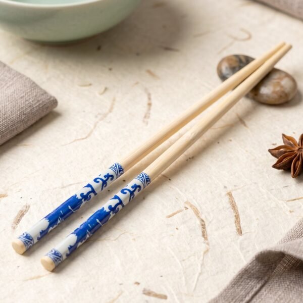 Reusable Bamboo Chopsticks with Blue Chinese Print Design (2 Pc)