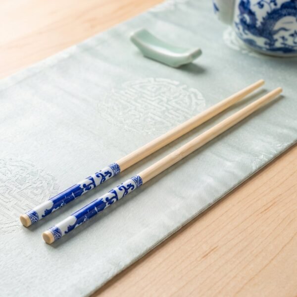 Reusable Bamboo Chopsticks with Blue Chinese Print Design (2 Pc)