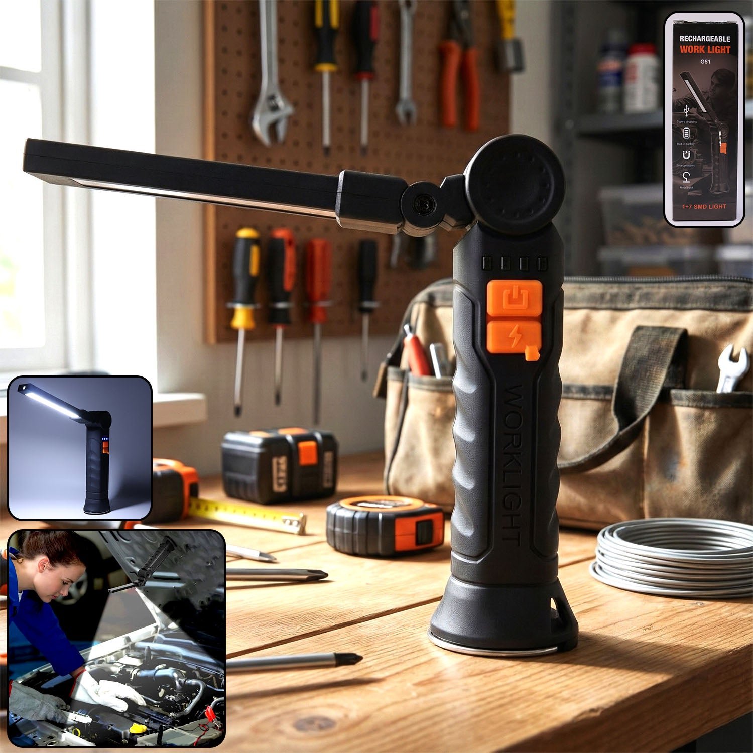 Rechargeable LED Work Light – Compact with Adjustable Arm & Magnetic Base