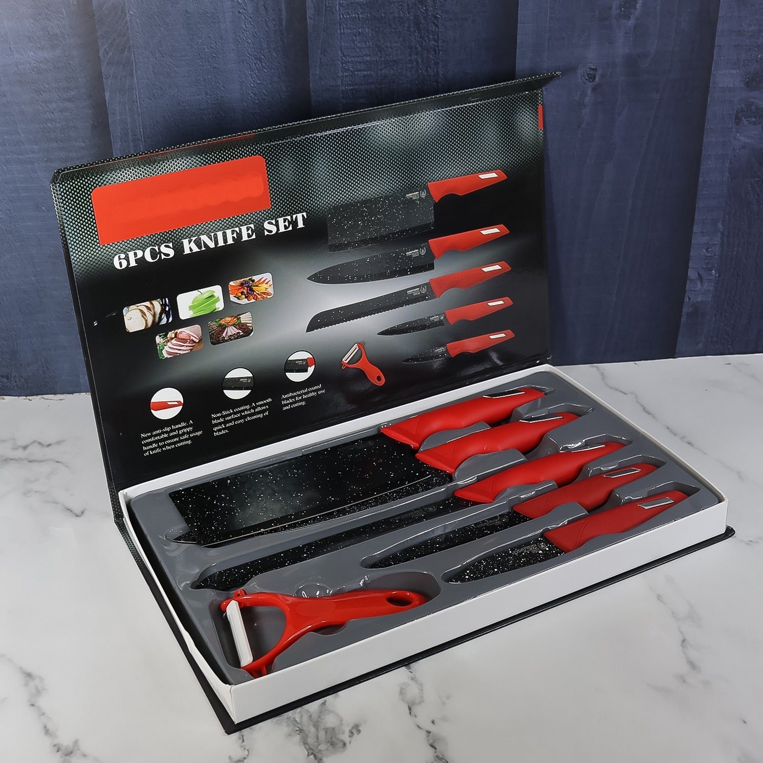 Kitchen Knife Set – Marble-Coated Blades & Ergonomic Red Handles