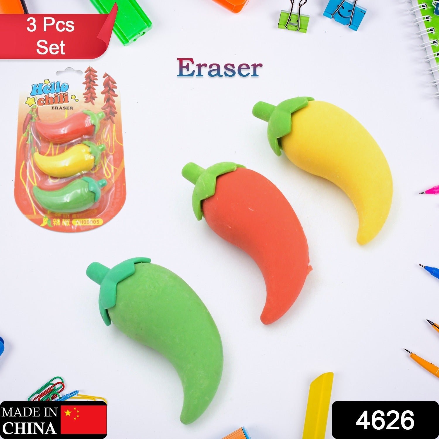 Chili Shape Erasers – Fun 3D Mini Eraser Set (3 Pc) | Writezo