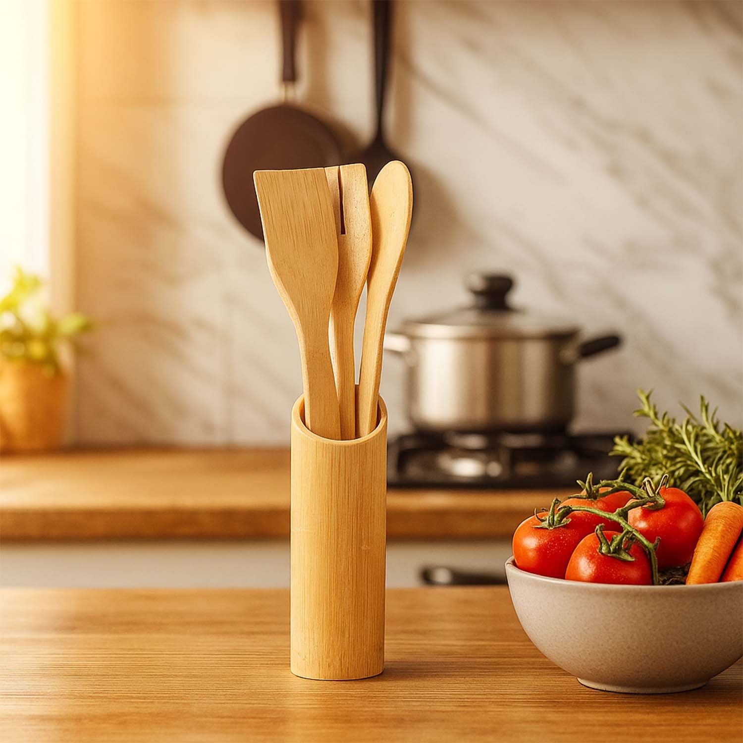 Bamboo Spatula Set – Eco-Friendly 4 Pc Cooking Utensils with Holder