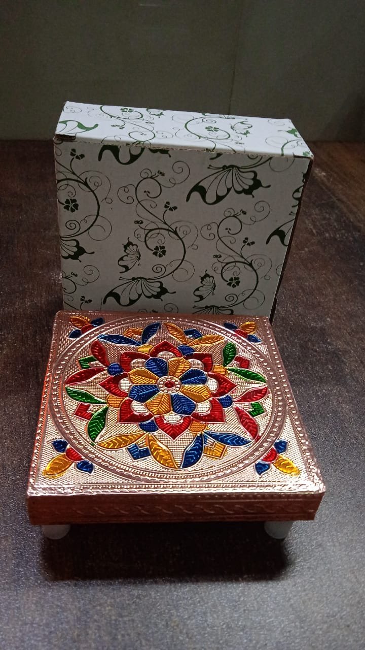 Meenakari Puja Chowki – Handcrafted Wooden Bajot Set | VoltDesk