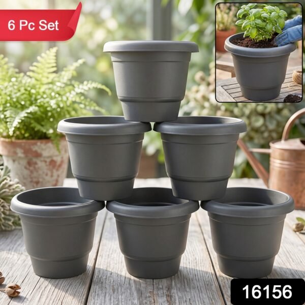 c9256dd9-cb66-4dc3-b79a-05afb4d96a46 Plastic Round Flower Pot Planter Set, Durable Gardening Pots with Rim (6 Pcs Set)