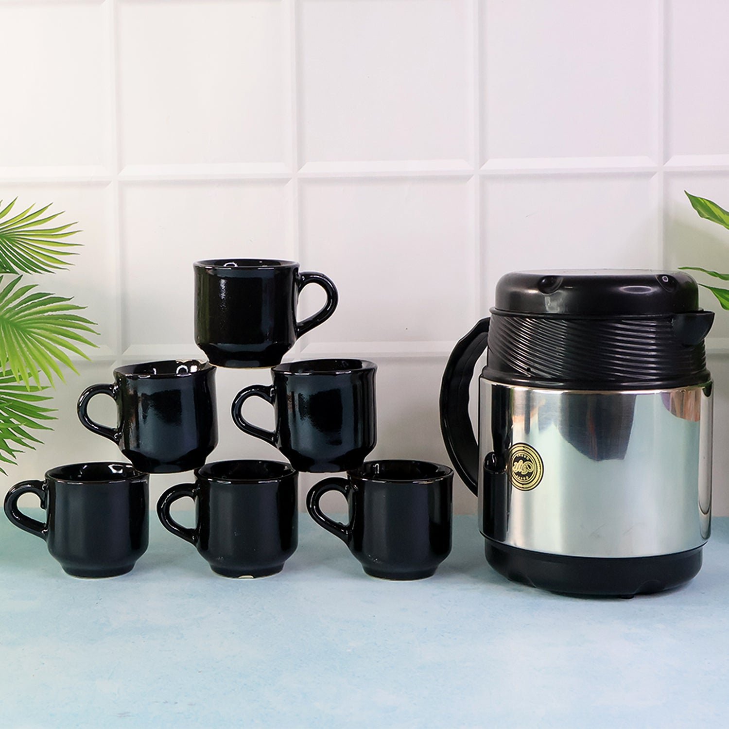 Insulated Thermos Flask with 6 Ceramic Cups – Keeps Drinks Hot