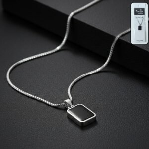 Men's Stainless-Steel Pendant Chain – Sleek Black Rectangle