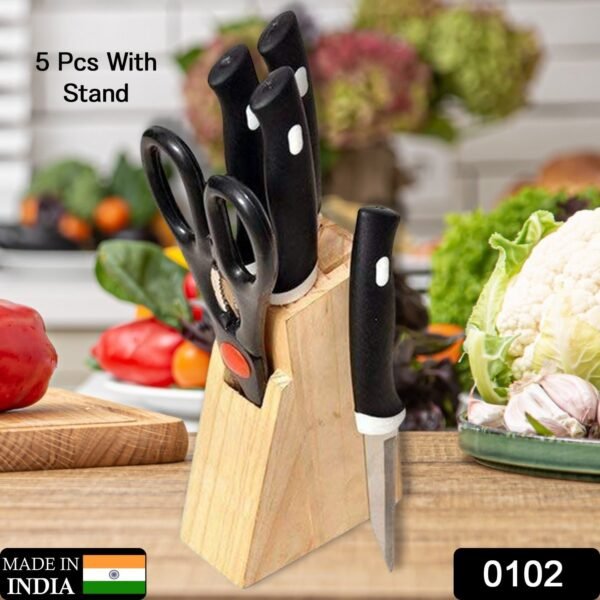 Kitchen Knife Set – 5-Piece Black Set with Wooden Block & Scissors