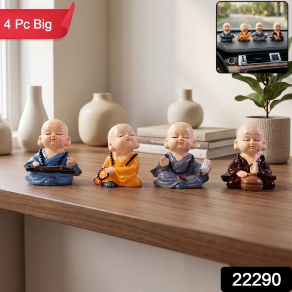 Little Monk Buddha Statue Set for Car Dashboard, Office Desk and Home Decor (4 Pc)