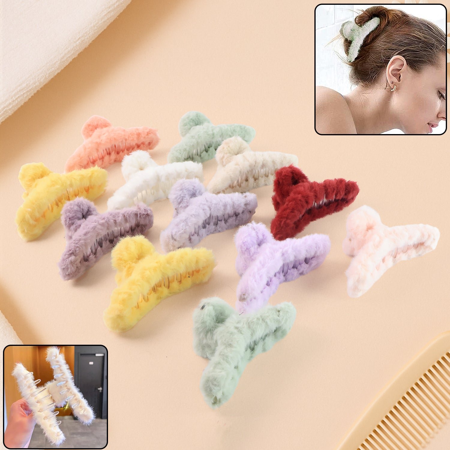 Fur Coated Hair Clutcher Clips – Soft Grip Set of 12