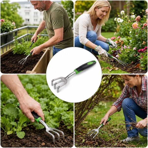 handrake-02 3 Prong Garden Hand Cultivator Fork Stainless Steel Tool Ergonomic Handle (1 Pc)