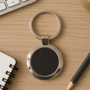 Round Metal Keychain – Durable Chrome Finish with Black Center
