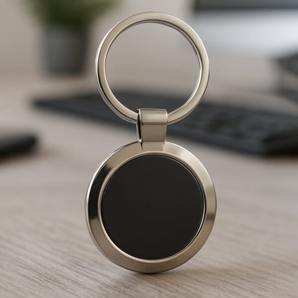 Round Metal Keychain – Durable Chrome Finish with Black Center