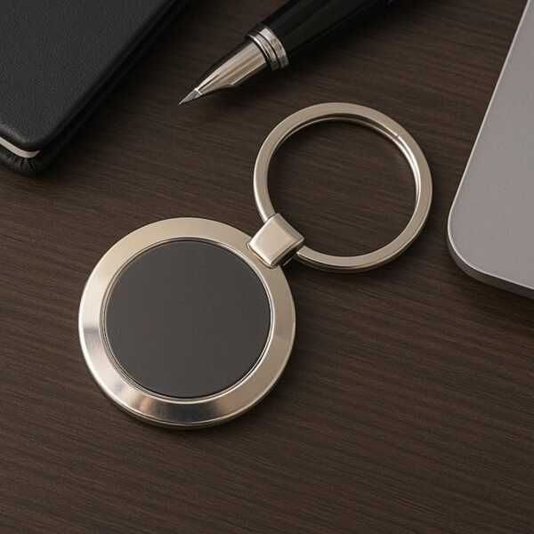 Round Metal Keychain – Durable Chrome Finish with Black Center