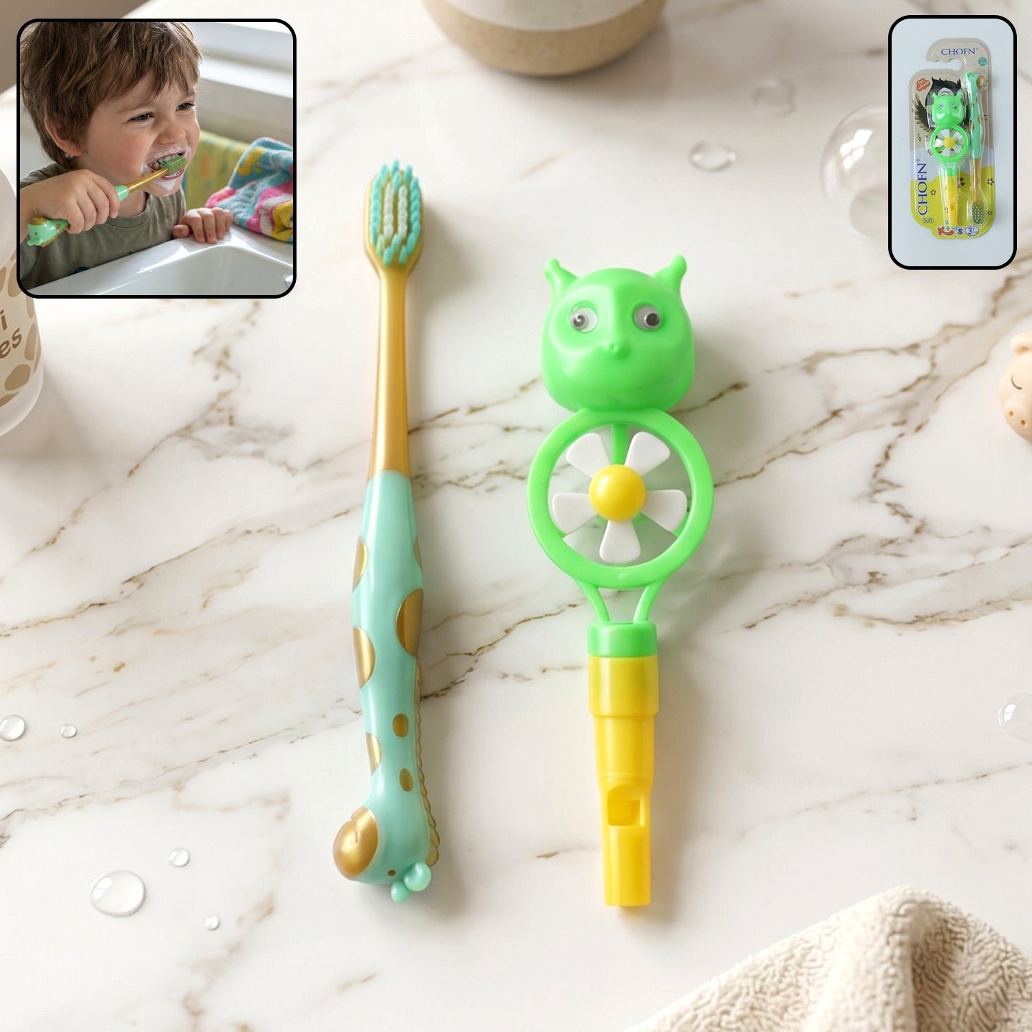 Kids Toothbrush Set with Animal Whistle Toy – Fun Oral Care