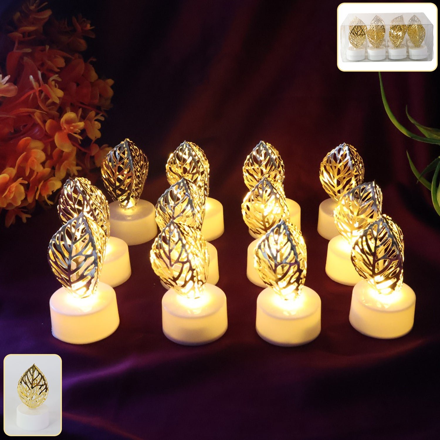 Leaf Shaped Flameless LED Candles – Elegant Decorative Set of 12