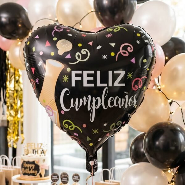 Black Heart Feliz Cumpleaños Foil Balloon – Bright Party Decor
