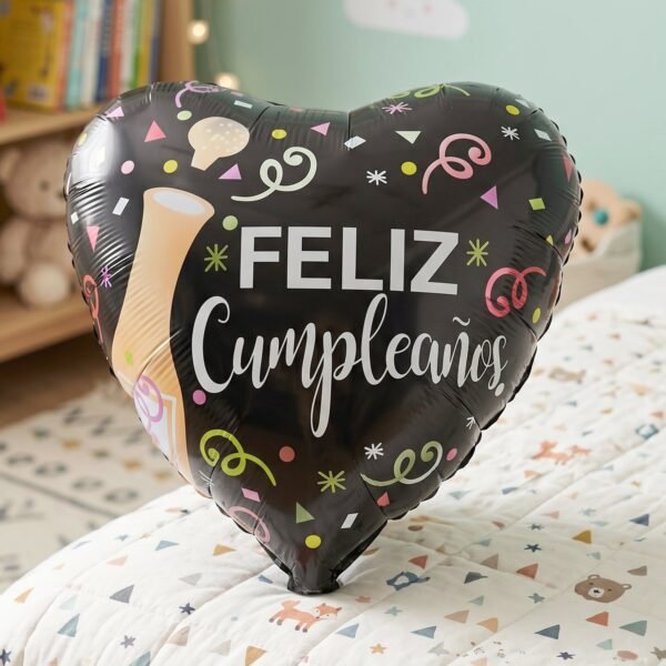 Black Heart Feliz Cumpleaños Foil Balloon – Bright Party Decor