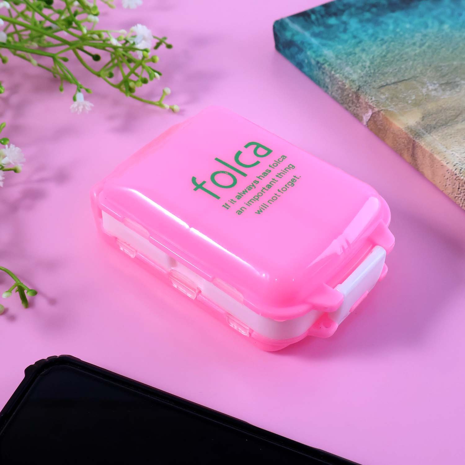 Pink Dual-Sided Pill Organizer – 8-Compartment Portable Case