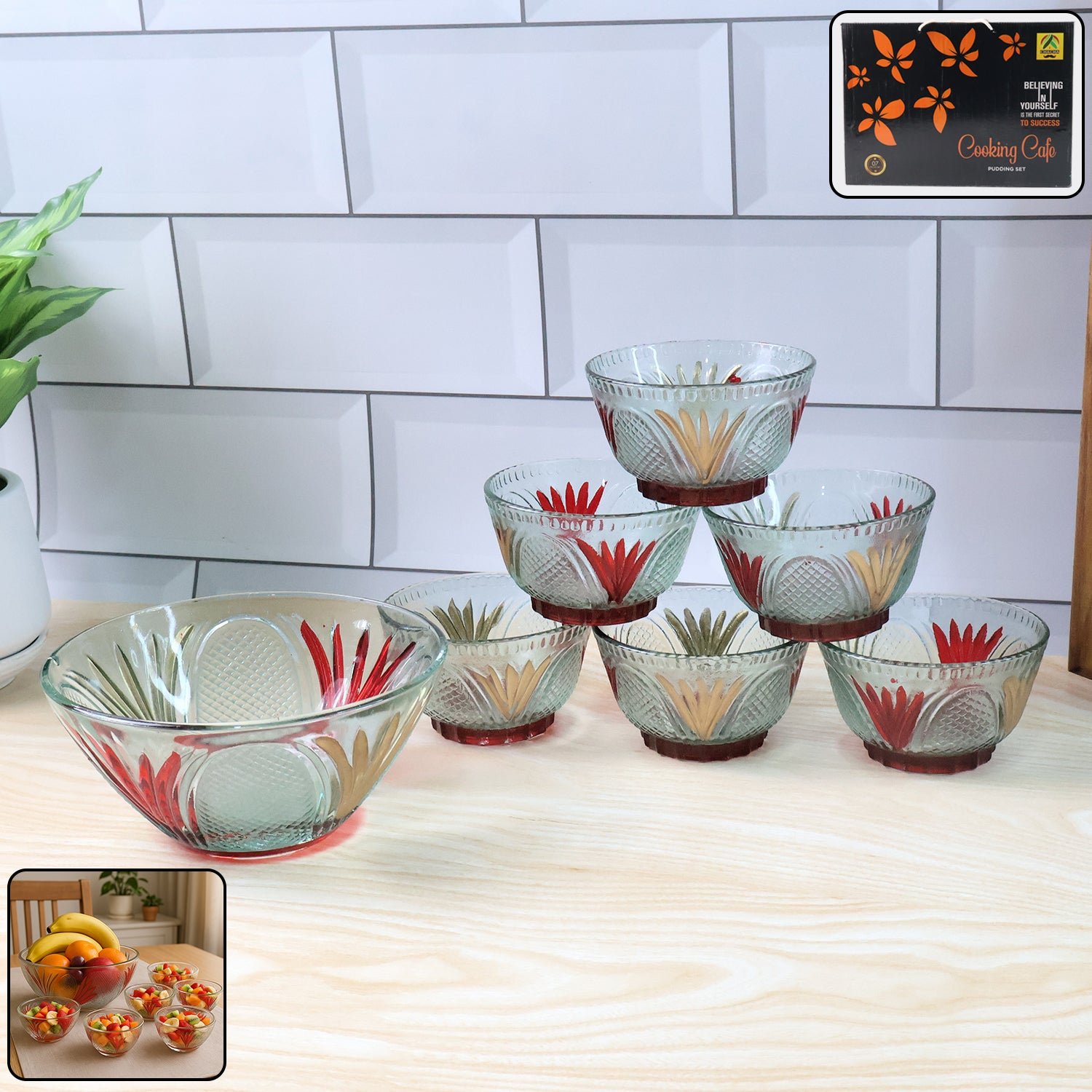 Glass Dessert Bowl Set – 7 Pc Rose Design | Serve Stellar