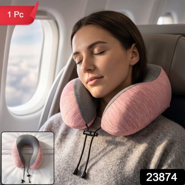 U Shaped Travel Neck Pillow Pink Grey with Drawstring Toggle (1 Pc)