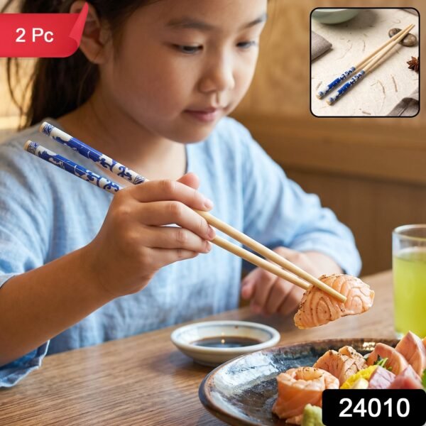 Reusable Bamboo Chopsticks with Blue Chinese Print Design (2 Pc)