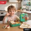 steel Kids Dinosaur Lunch Box Bento Tiffin with Steel Tray Spoon Sauce Cup (1 Set)