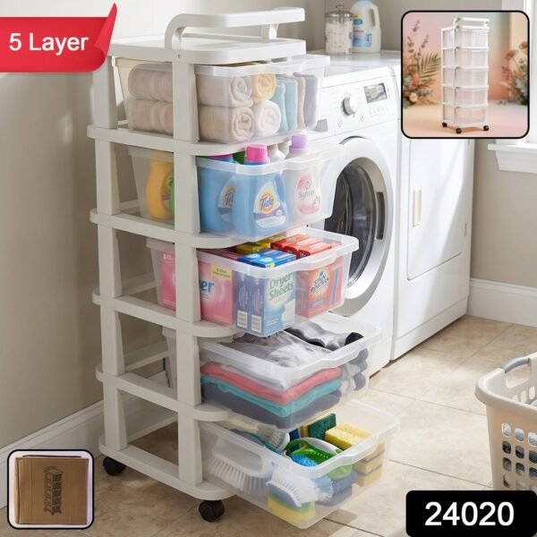 5 Layer Plastic Storage Drawer Rack Organizer with Wheels for Home (1 Pc)