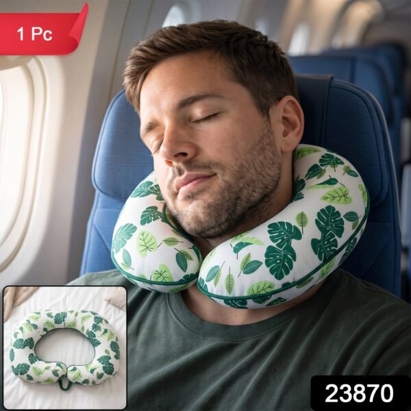 U Shaped Neck Pillow Green Leaf Print Travel Pillow Soft Head Support (1 Pc)