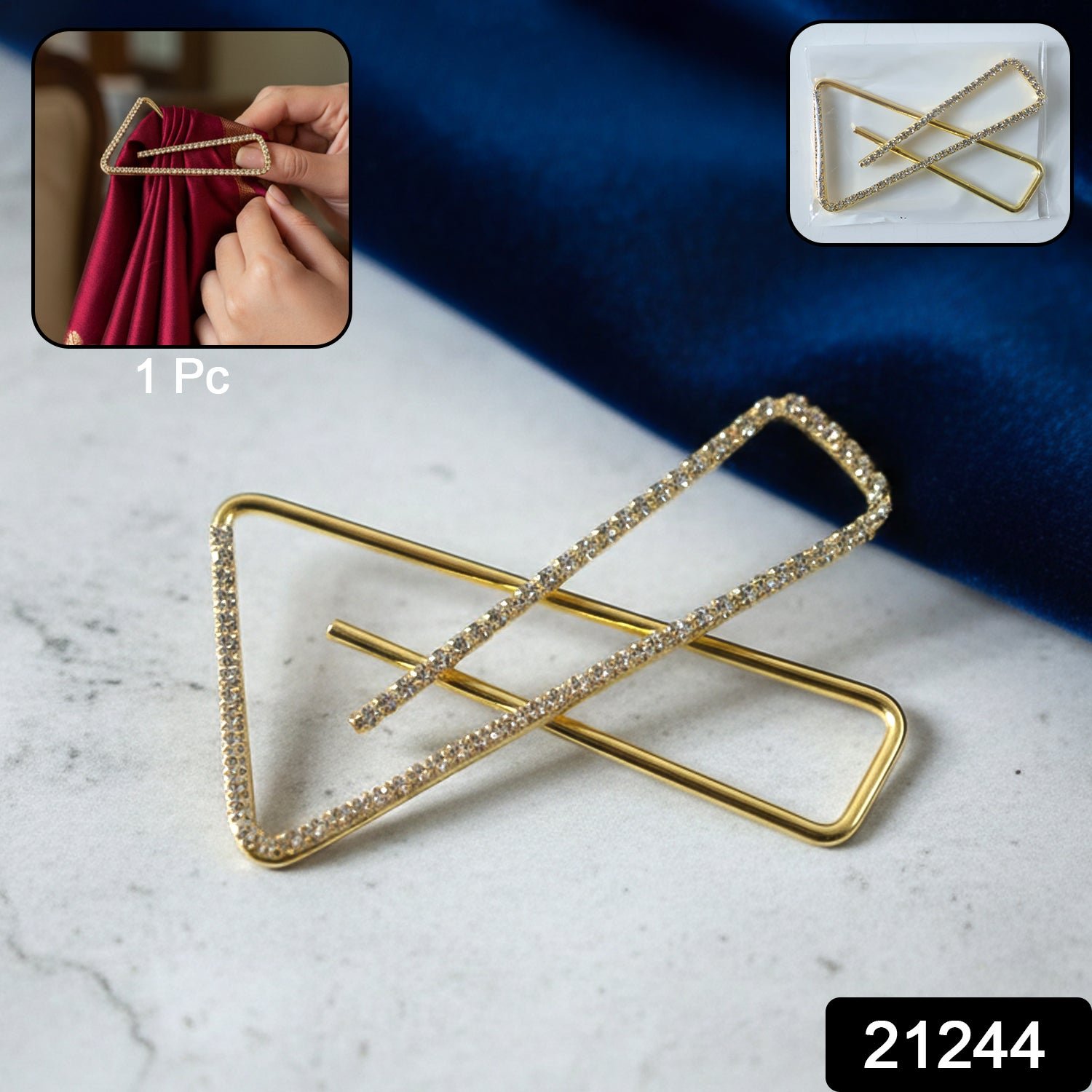 Golden Crystal Triangle Saree Safety Pin – Elegant Fabric Brooch