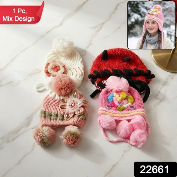 Kids Winter Woolen Ear Flap Cap – Soft & Warm with Pom Pom