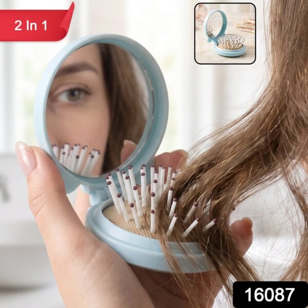 2 in 1 Folding Hair Brush with Mirror Compact Pop Up for Travel (1 Pc)