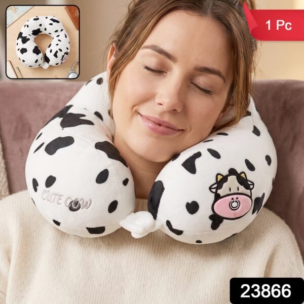 U-Shaped Travel Neck Pillow, Cute Cow Print Soft Plush Pillow for Travel (1 Pc)