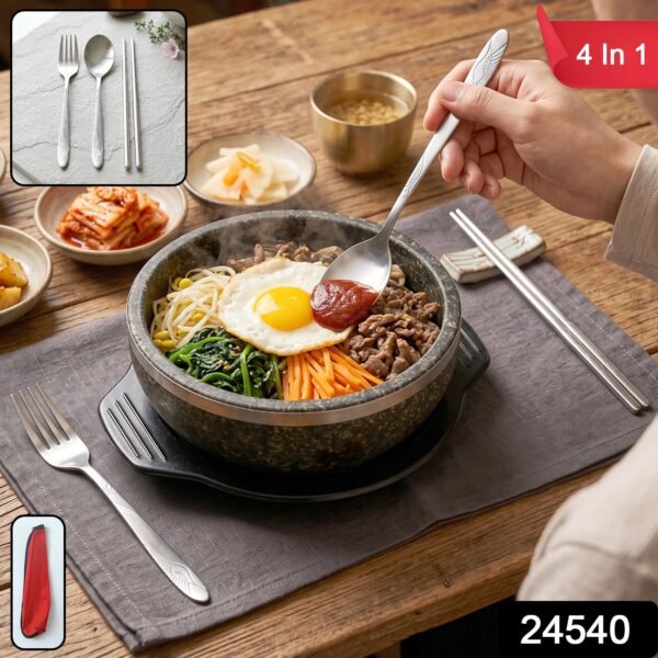 Portable Stainless Steel Cutlery Set Fork Spoon Chopsticks Pouch (4 Pc Set)