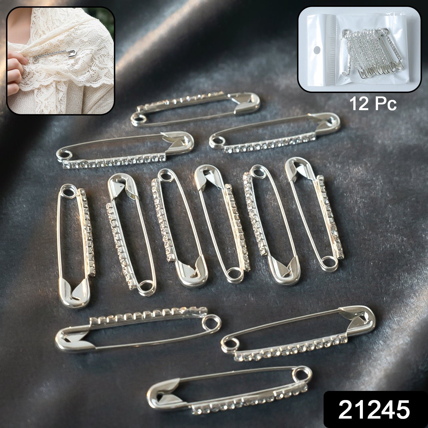 Silver Safety Pin Brooch Set – Elegant Crystal Accent 12 Pc