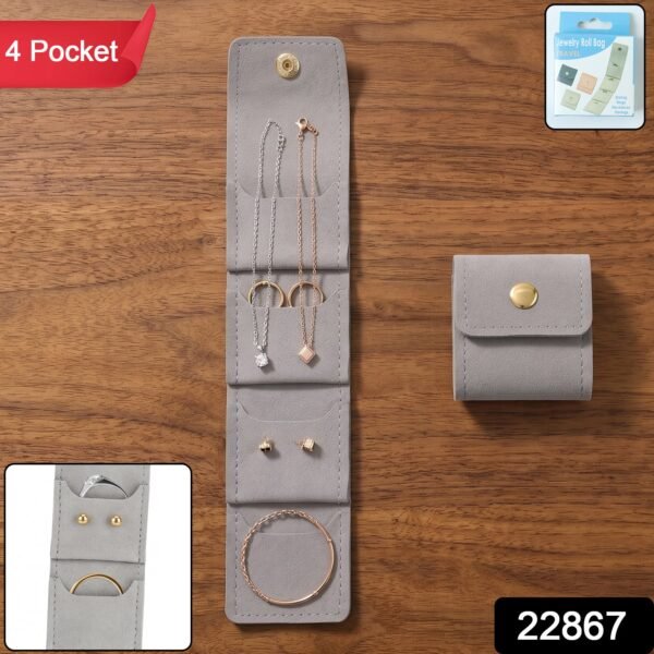 Portable Travel Jewelry Roll Bag, 4 Pocket Foldable Organizer Pouch (1 Pc)