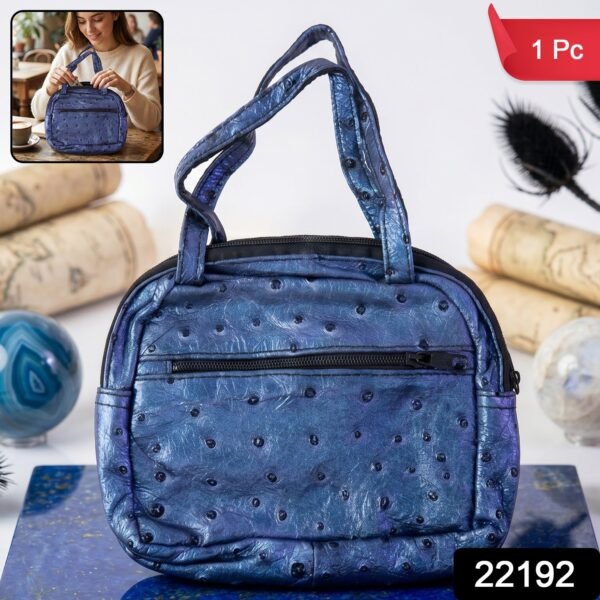Mini Zipper Handbag – Metallic Blue Ostrich Pattern for Women