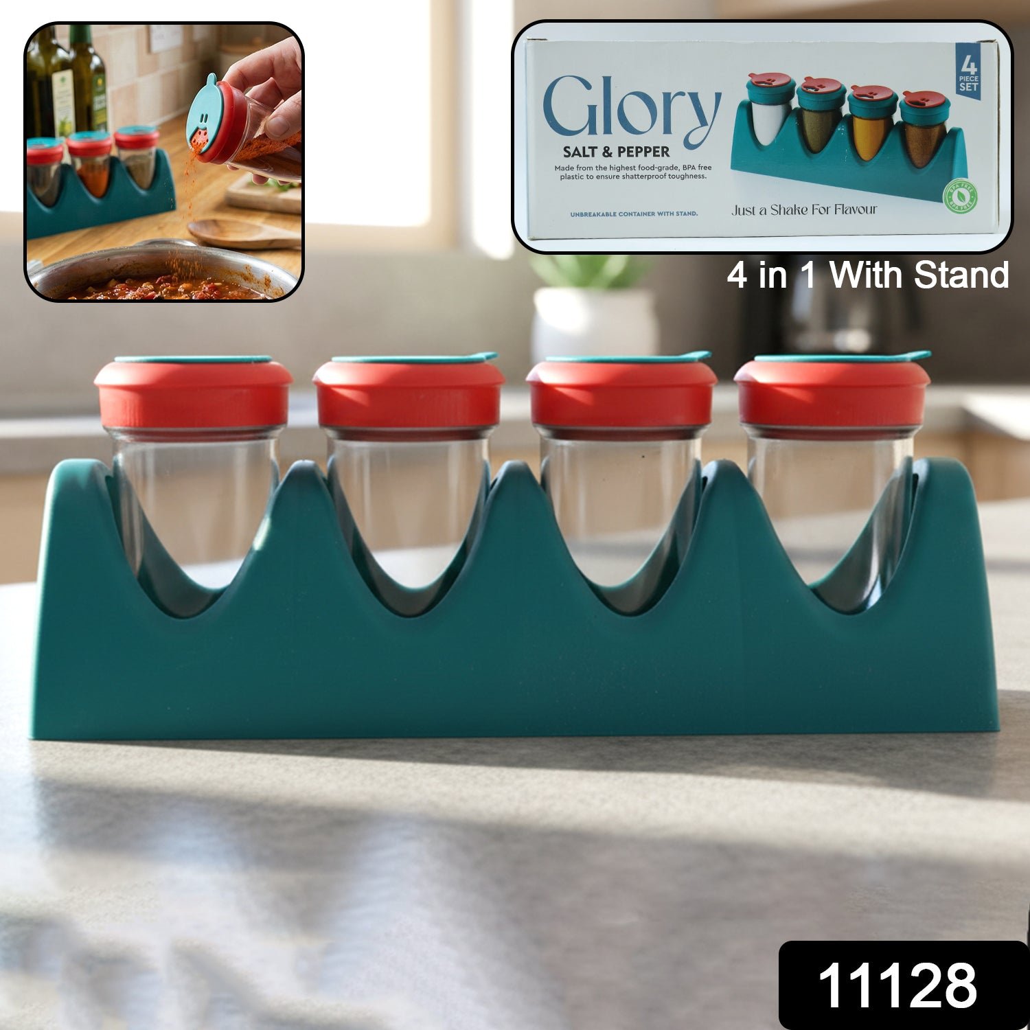 4-in-1 Spice Shaker Set – Compact Kitchen Organizer with Stand